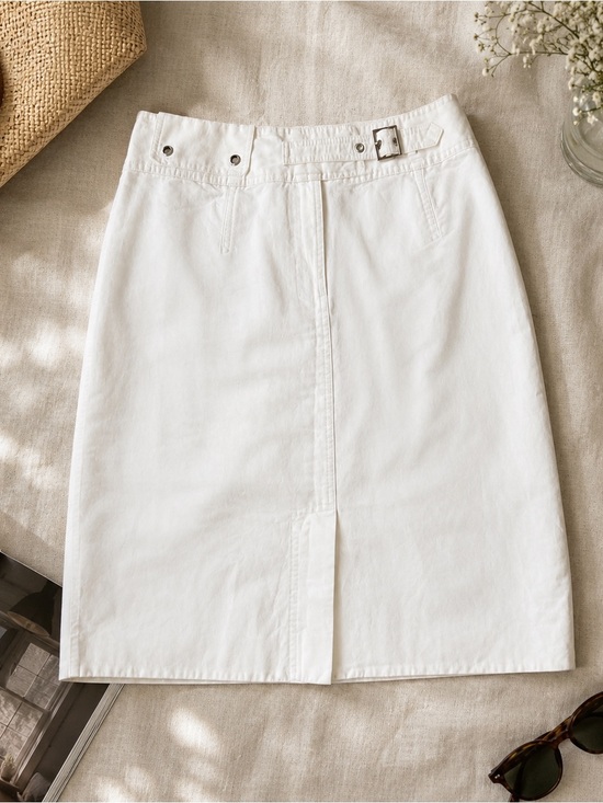 Perry Ellis Dresses & Skirts - Perry Ellis White Ramie Cotton Pencil Skirt Buckle Waist Size 10
